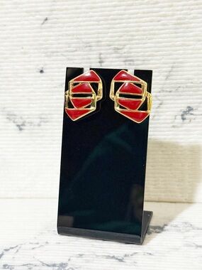 Monet Vintage Art Deco Geometric Pierced Earrings (Red Enamel Gold Toned)